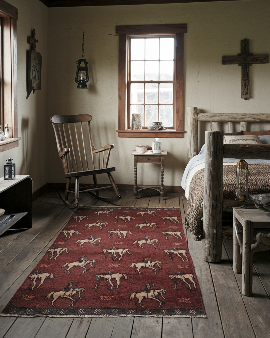 A rustic bedroom featuring vintage western decor showcases a wooden bed, rocking chair, and bedside table. A red rug with horse patterns lies on the wooden floor, while a lantern and crucifix adorn the walls, creating the perfect men