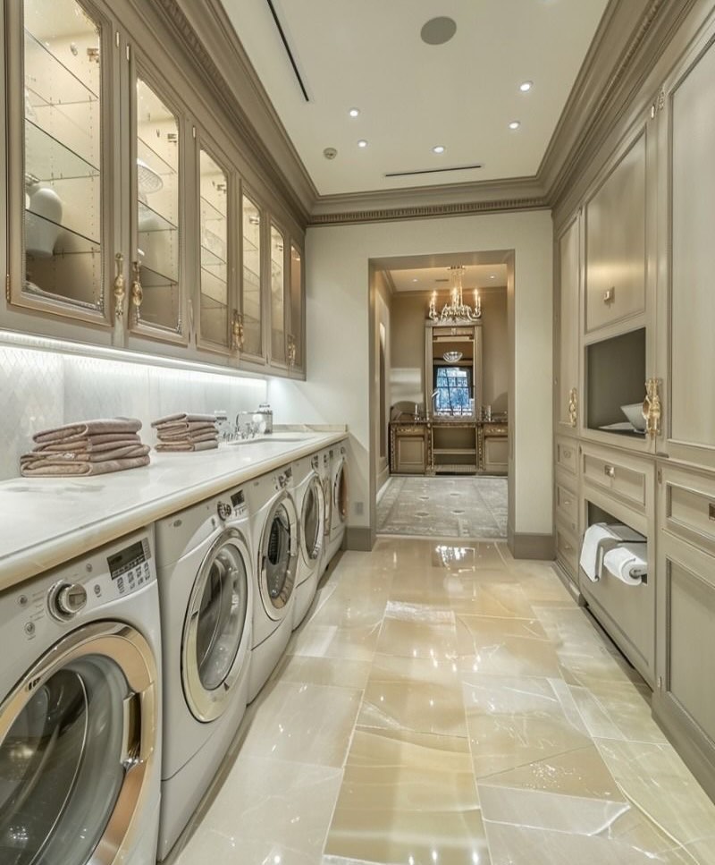 Spacious laundry room with multiple front-loading washers and dryers, beige cabinetry showcasing smart Laundry Room Cabinet Ideas, neatly folded towels, and a view into an adjoining room with a chandelier.