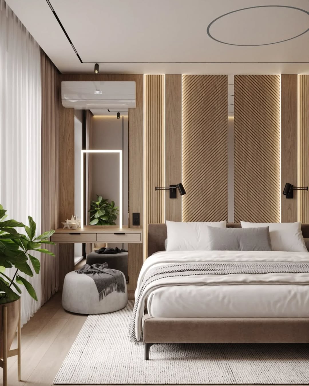 Modern bedroom with neutral tones, a large bed, wall-mounted reading lights, a vanity with mirror, indoor plant, and vertical wood paneling behind the headboard—an inspiring example of stylish Bedroom Layout for any space.