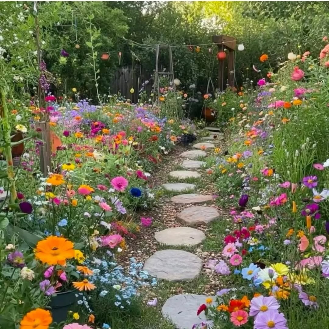 A stone path winds through a vibrant flower garden with colorful blooms and lush foliage, reflecting fresh Garden Ideas 2025 and trending 2025 Garden Trends under natural sunlight.