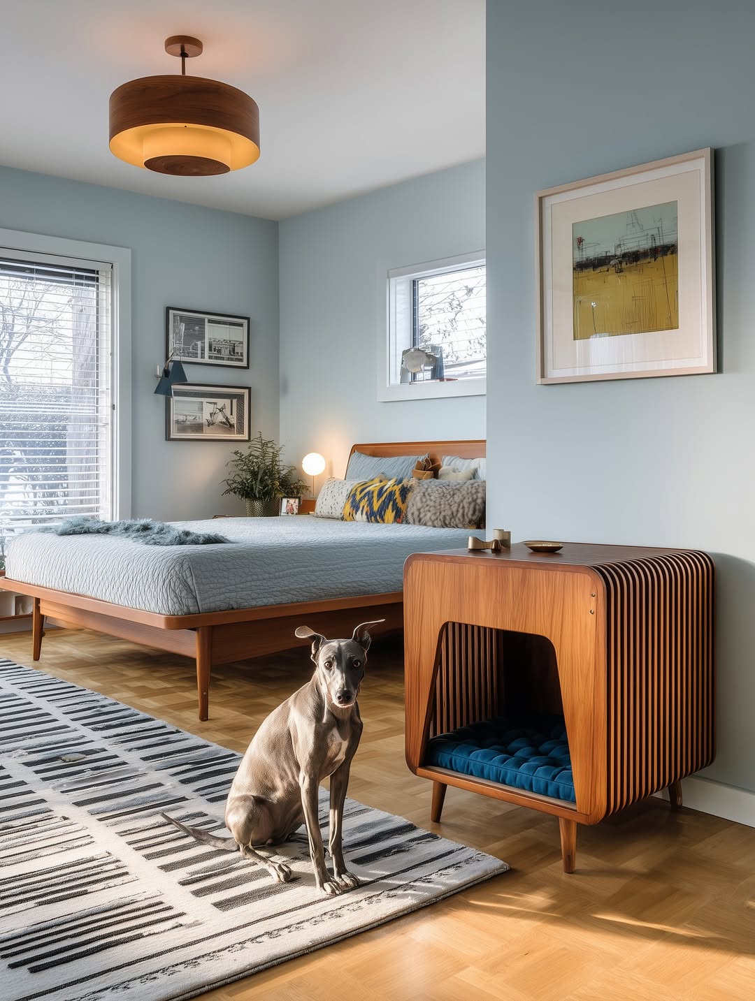 A grey dog sits on a patterned rug in a modern bedroom with light blue walls, a mid-century style bed, and a wooden pet nook—perfect inspiration for stylish pet room design.
