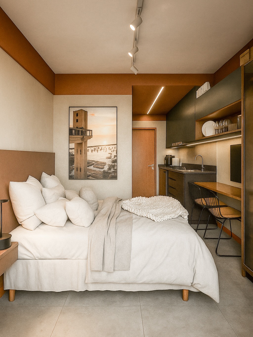 A compact, modern bedroom perfect for small space design, featuring a neatly made bed, wall art, a kitchenette with shelves, a chair, and warm lighting.
