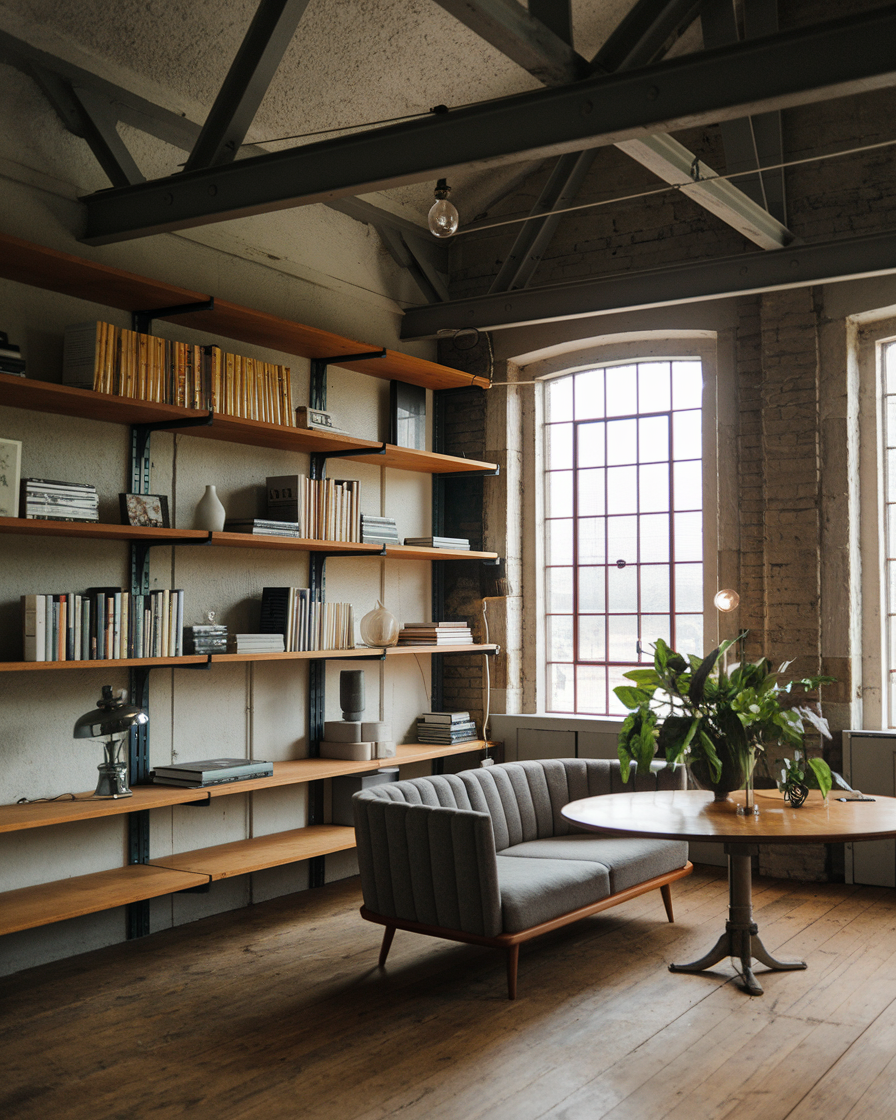 A cozy living room features a gray sofa, round table, and potted plant. Large windows and wooden shelves filled with books enhance the rustic charm, while exposed beams add an industrial touch overhead.