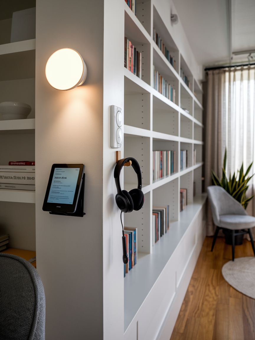 A modern living room features a tall white bookcase brimming with ideas and books, resembling a sleek home library. A wall-mounted tablet and headphones set the tone, while a round light fixture casts an inviting glow over the gray chair near a large window with curtains.