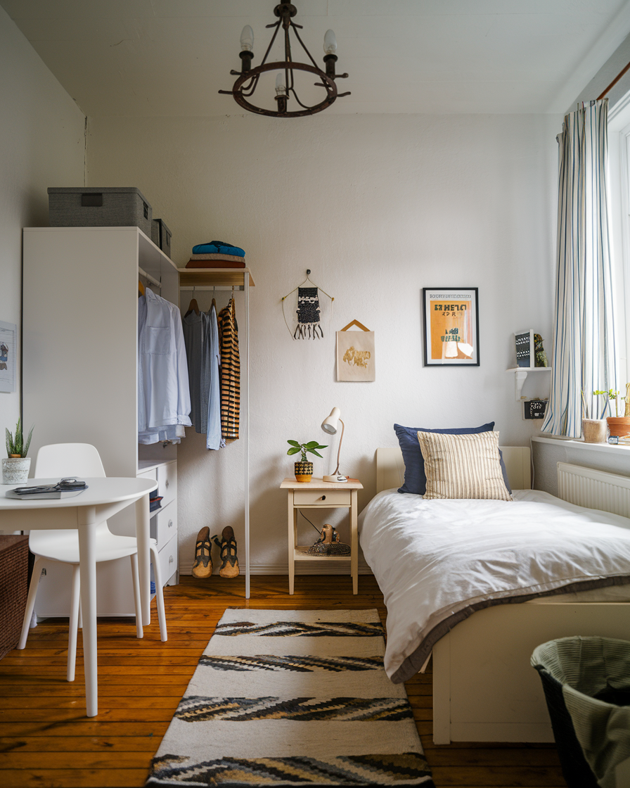 A small, tidy bedroom featuring men