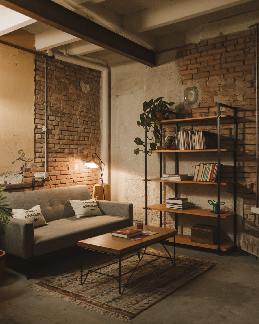 Rustic living room with a gray sofa, wooden coffee table, and bookshelf filled with books. A floor lamp stands against the industrial charm of an exposed brick wall. A potted plant adds greenery, while a rug enhances the warm atmosphere.