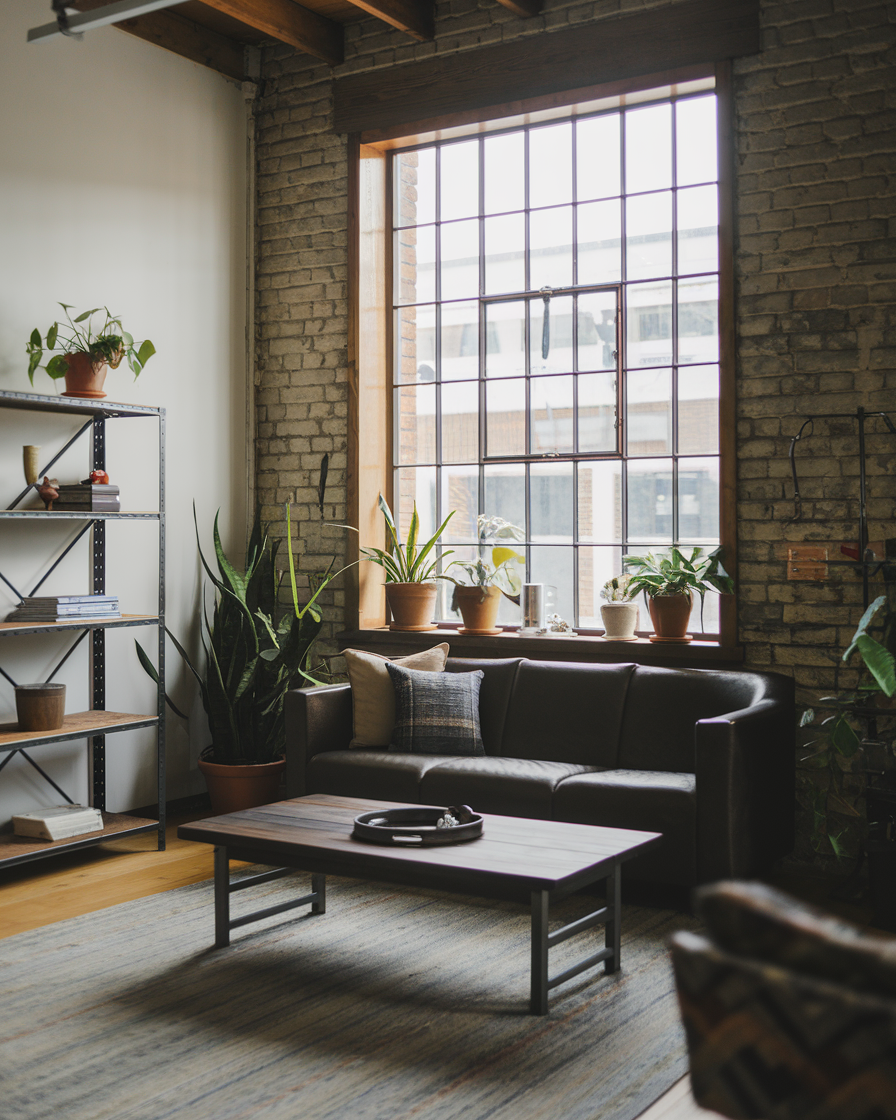 Discover an industrial living room with brick walls, a large window, and a black sofa. The space exudes masculine rustic charm with a wooden coffee table and lush plants on shelves and the window sill—a perfect home upgrade.