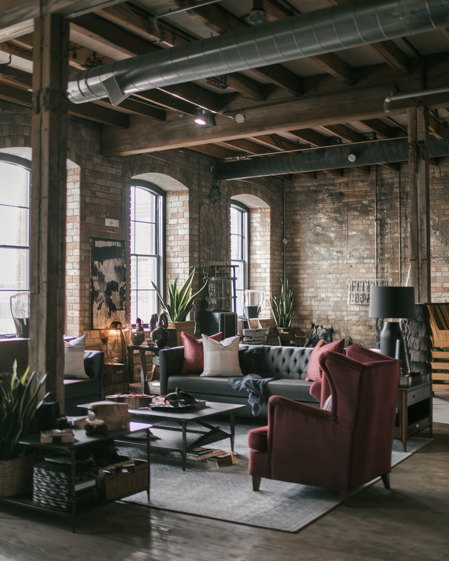 Experience rustic charm in this loft-style living room, featuring exposed brick walls, large windows, and industrial ductwork. Dark sofas and a vibrant red armchair rest on a central rug adorned with various decorative items, creating an inviting and stylish space.