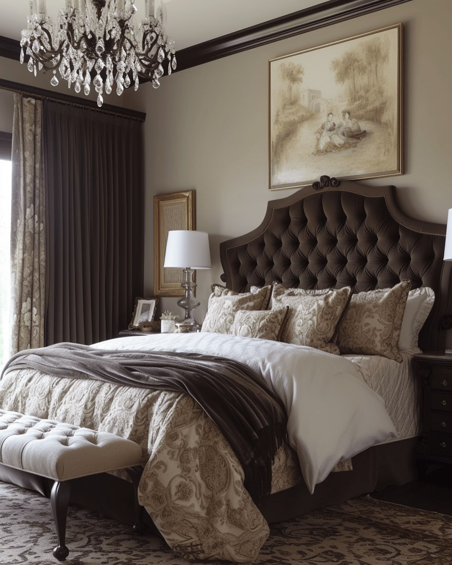 A neatly made bed with patterned bedding, a tufted headboard, two lamps, a chandelier, framed art, and dark curtains create a traditional, elegant Victorian bedroom.