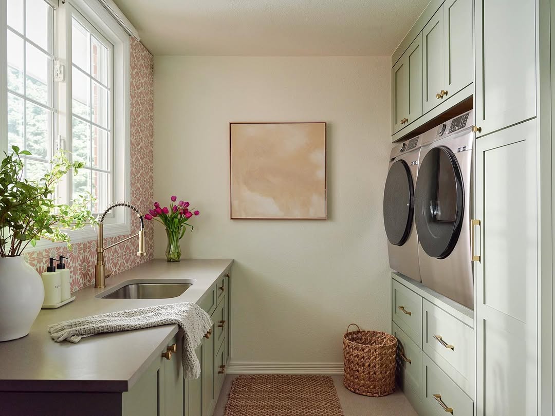 A laundry room with sage green cabinets, a sink, countertop, front-loading washer and dryer, a window, houseplants, boho decor touches, and a basket on a woven rug—perfect for inspiring new laundry room ideas.