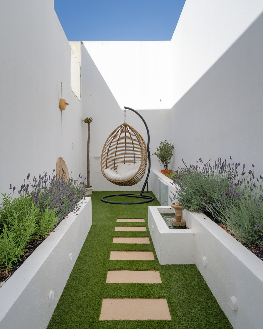 A narrow modern courtyard features clever small patio ideas—artificial grass, stepping stones, a hanging egg chair, potted plants, and lavender beds—all bordered by white walls under a clear blue sky.