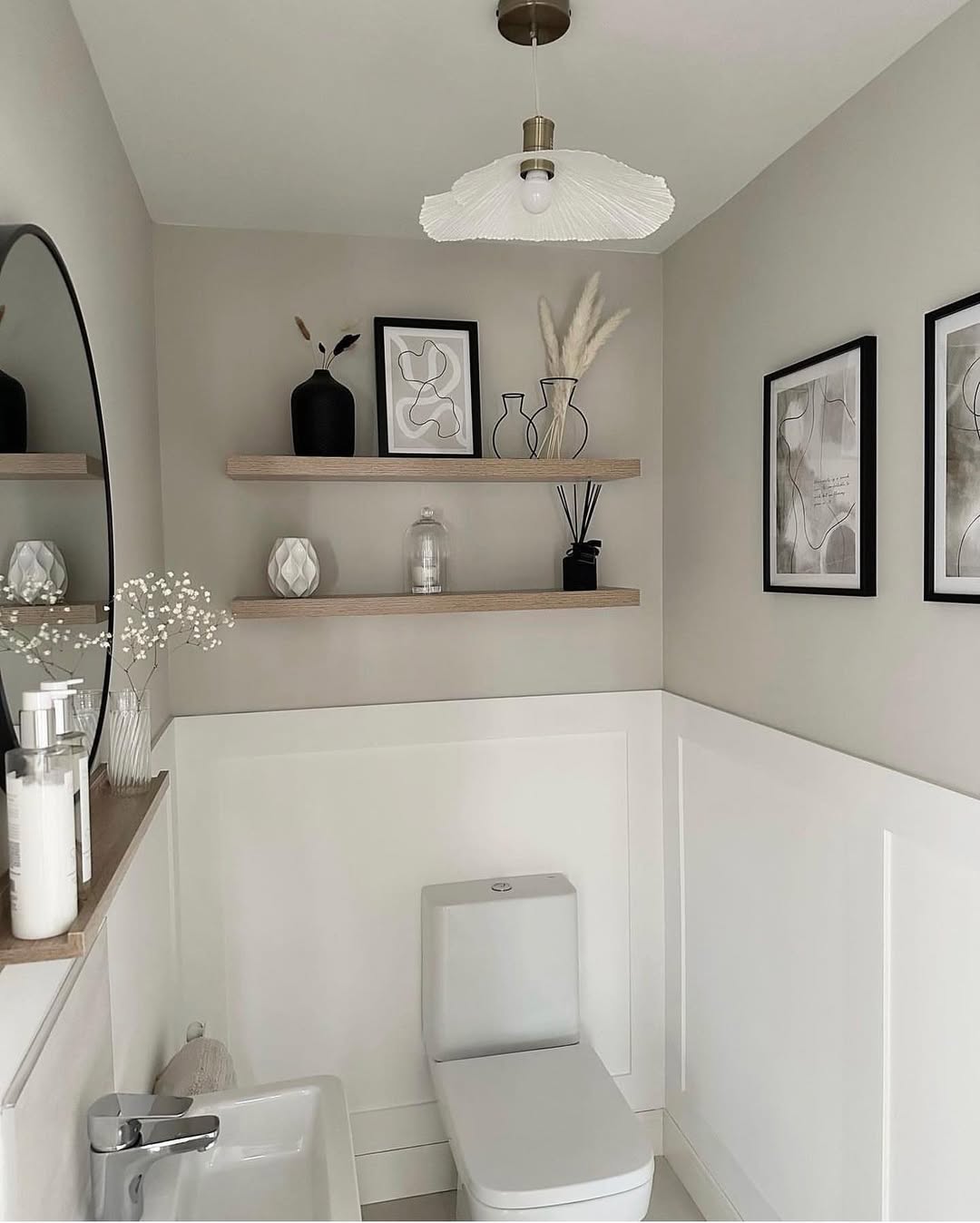Greige Board-and-Batten Cloakroom with Floating Shelves