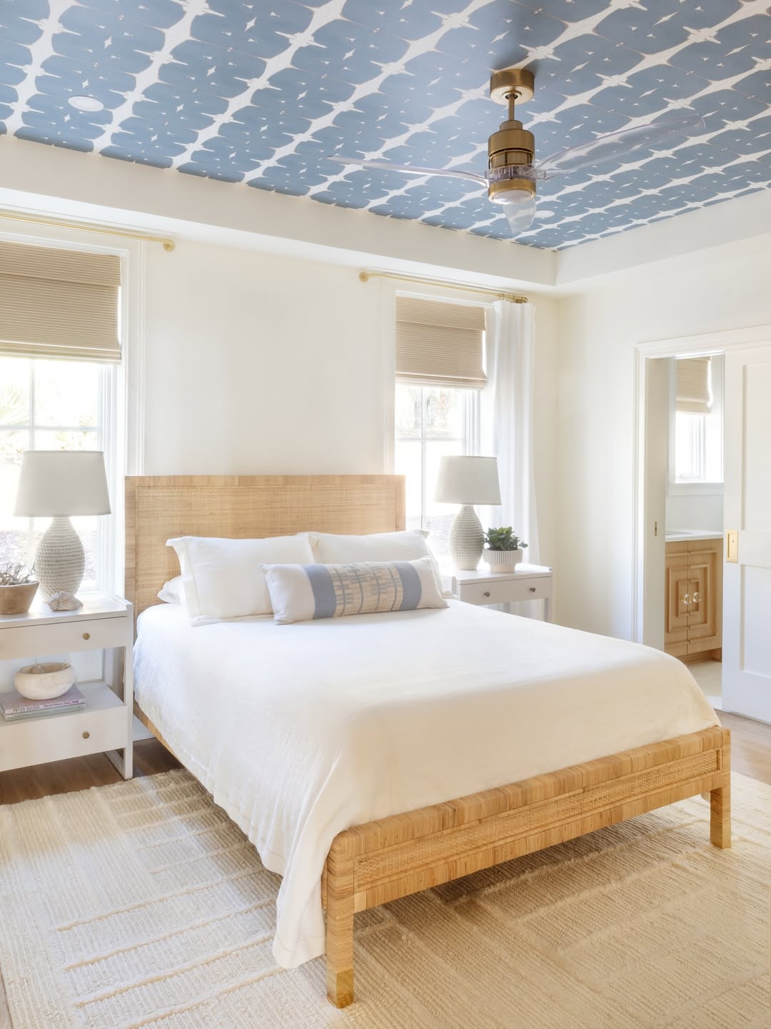Cane Headboard & Patterned Ceiling