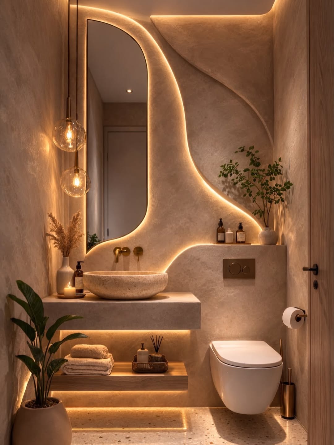 Sculptural Plaster Powder Room with Organic LED Lighting