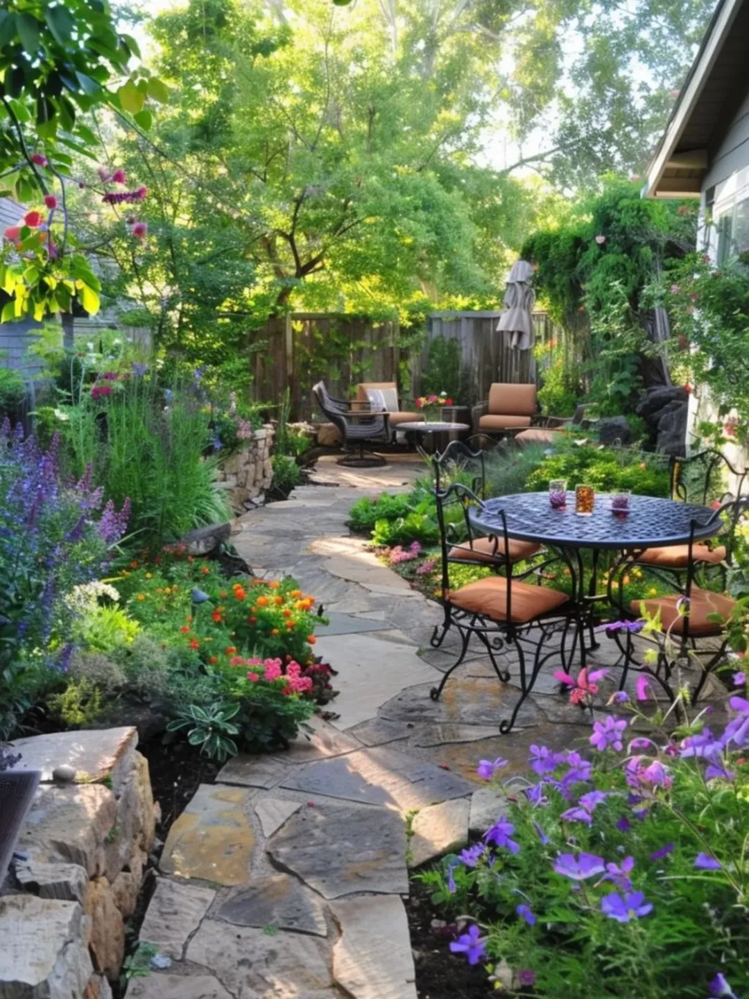 A garden with stone pathways, colorful flowers, and two patio seating areas with metal tables and chairs, surrounded by lush greenery and trees—perfect inspiration for those seeking fresh Garden Design or exploring Garden Ideas 2025.