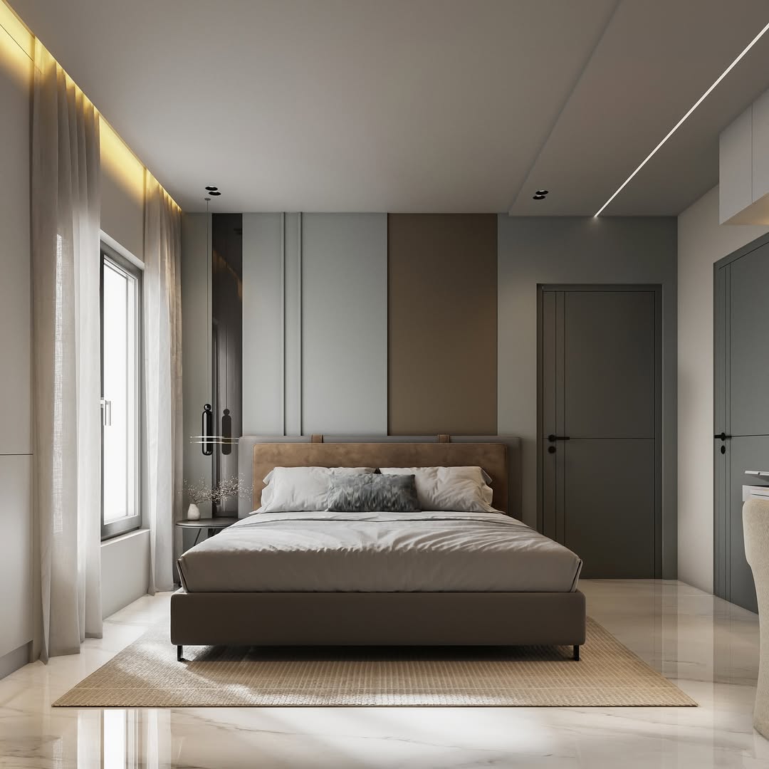 A modern minimalist bedroom with a double bed, neutral-toned walls inspired by 2025 Bedroom Color Schemes, large window with sheer curtains, and marble flooring—perfect for Interior Lovers.