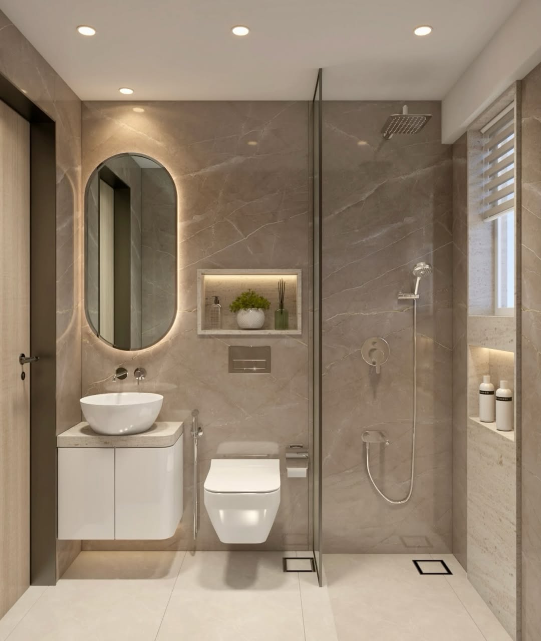 Warm Greige Marble Bathroom with Backlit Oval Mirror and Lit Niche