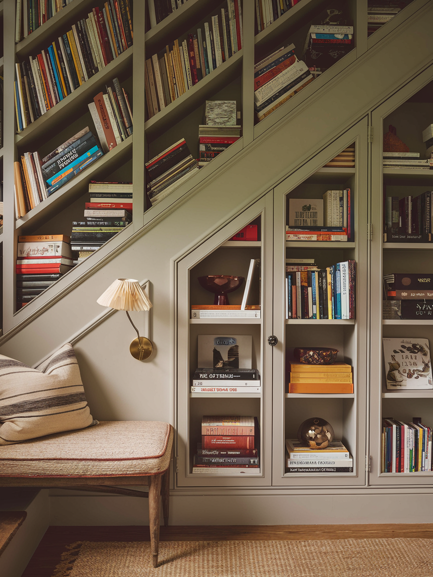 A cozy reading nook with shelves filled with books under a staircase showcases brilliant home library ideas. A cushioned wooden bench is on the left, and a wall-mounted lamp illuminates the inviting area.