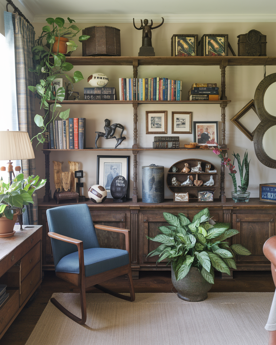 A rustic room with wooden shelves displaying books, plants, and decorative items. A blue rocking chair and a potted plant add charm in the foreground, while a large mirror graces the right wall, enhancing the cozy ambiance of this inviting living space.