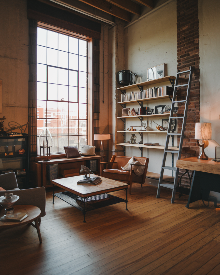 Cozy living room featuring tall windows and a rustic brick accent wall. An industrial-style bookshelf with a ladder complements the armchairs, and the coffee table rests on warm wooden flooring.