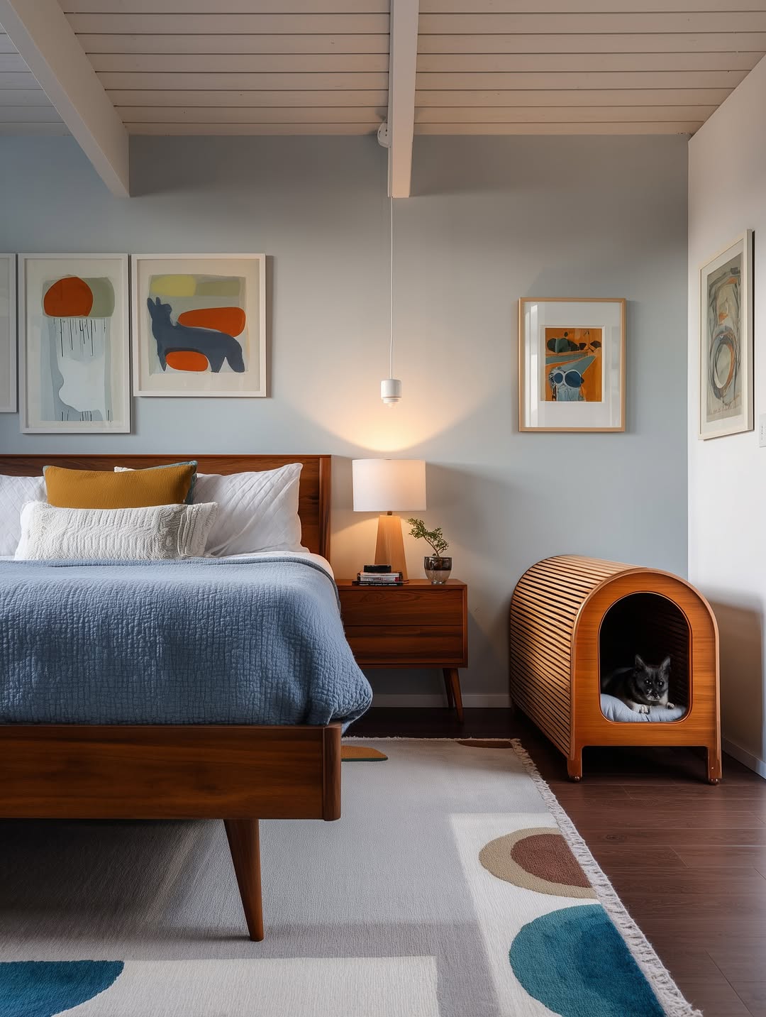 A modern bedroom with a wooden bed, blue bedding, abstract art, a bedside lamp, and a cat resting in a stylish wooden pet house—showcasing creative pet bedroom ideas for harmonious pet room decor.