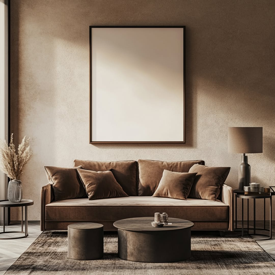 A chic living room featuring a dark brown sofa, several cushions, two round coffee tables, side tables with a lamp and vase, and a large blank picture frame on the wall—perfect for inspiring new living room ideas.