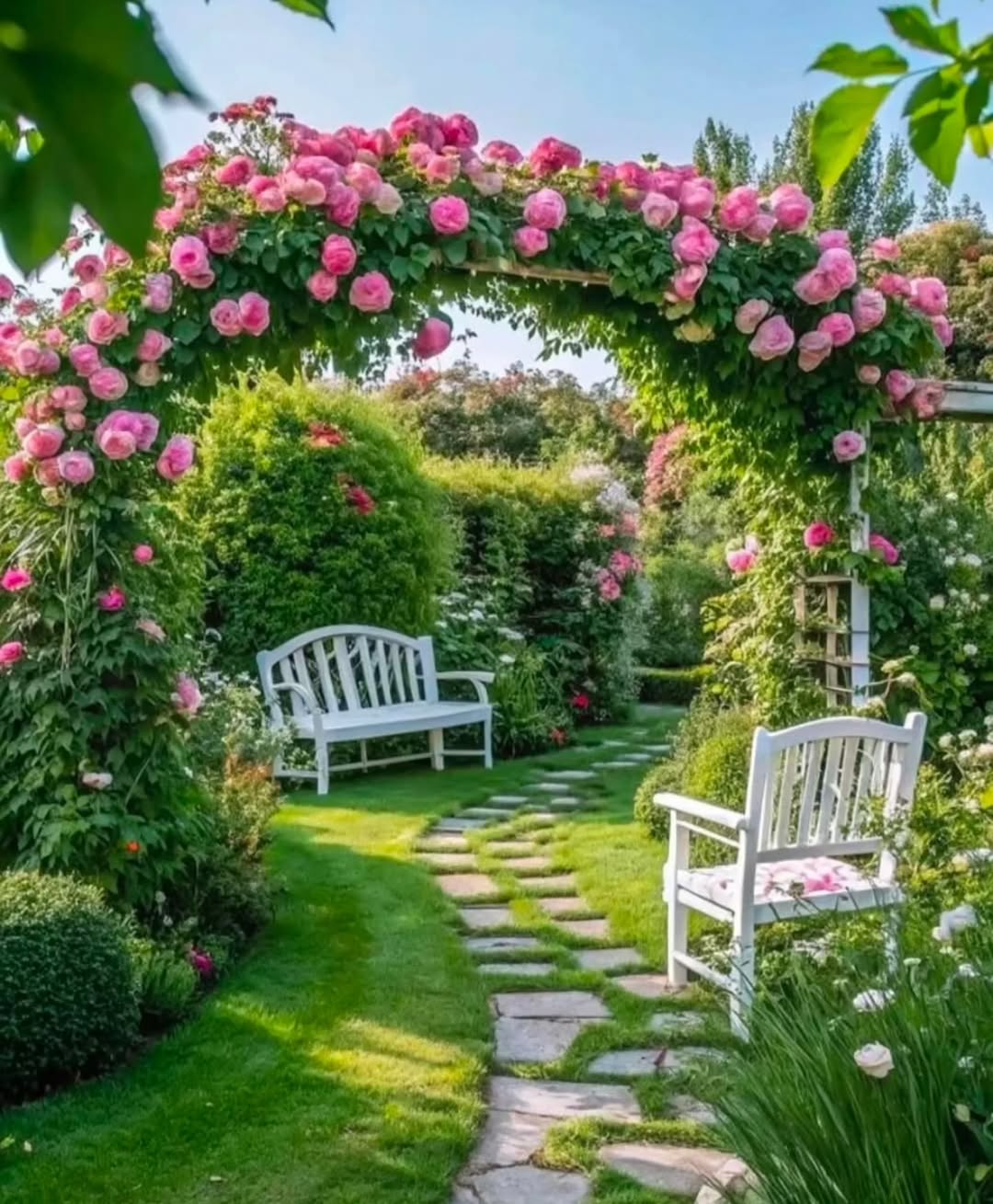 A garden path with stone steps leads under an arch covered in pink roses, flanked by white benches and lush greenery—perfect inspiration for Garden Ideas 2025.