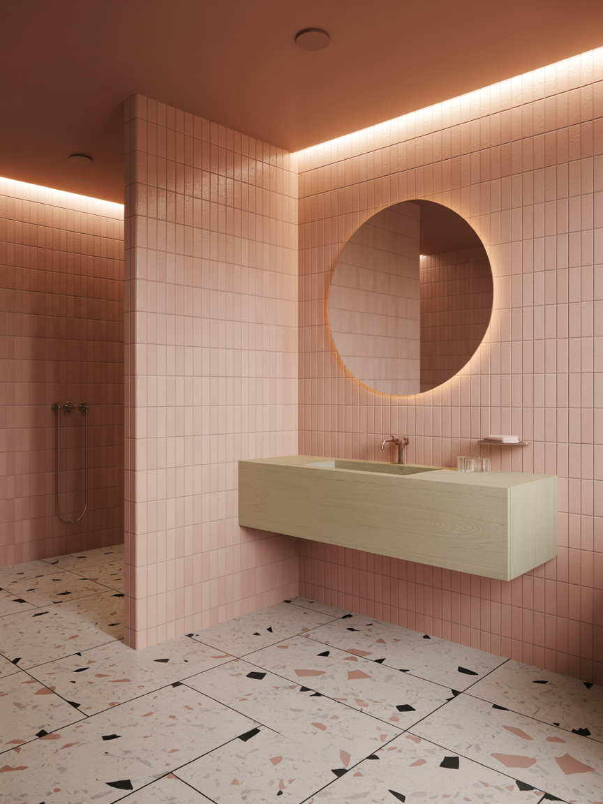 Modern bathroom with pink tiled walls, a large round mirror, floating wooden vanity, and terrazzo floor. An open shower area on the left completes this spa-worthy bathroom and offers fresh inspiration for bathroom tile ideas.