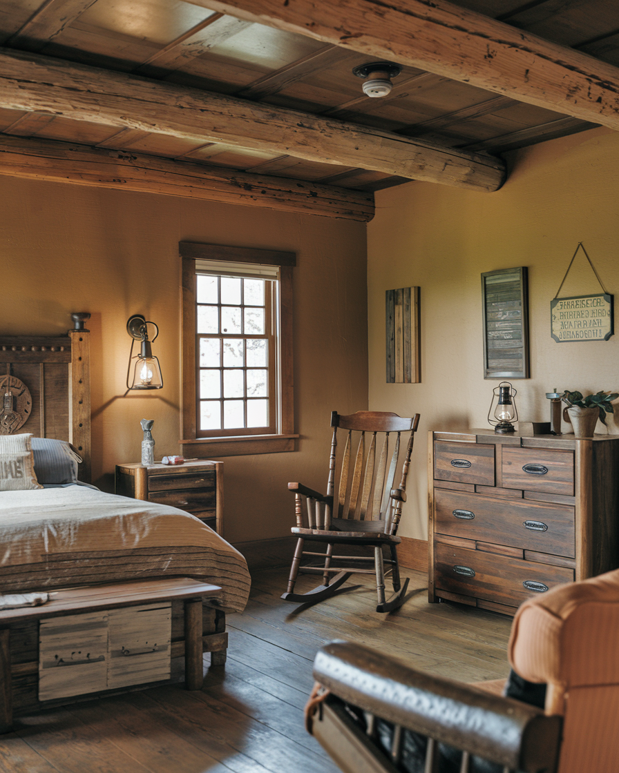 A vintage western bedroom with rustic wooden furniture features a sturdy bed, a classic rocking chair, and a spacious dresser. Natural light streams through the window on the left, illuminating the masculine decor with wall art and a stylish table lamp. Perfect ideas for men