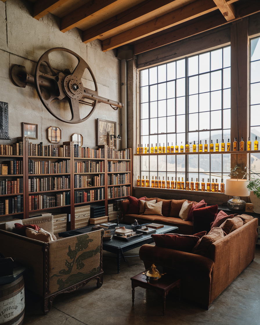 Cozy rustic room with large windows and industrial decor, where bookshelves and couches surround a coffee table. Shelves display books and bottles, while a large gear mechanism is mounted on the wall, creating the perfect living room sanctuary.