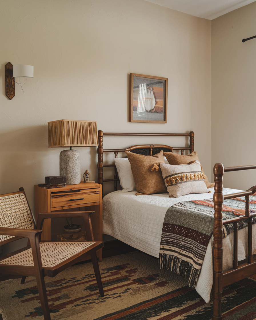 Cozy vintage western bedroom features a wooden bed with white bedding and a patterned throw. A wooden nightstand holds a lamp and decor. A woven chair and carpet add rustic charm, while a sailboat picture hangs above, offering inspiring decor ideas for men