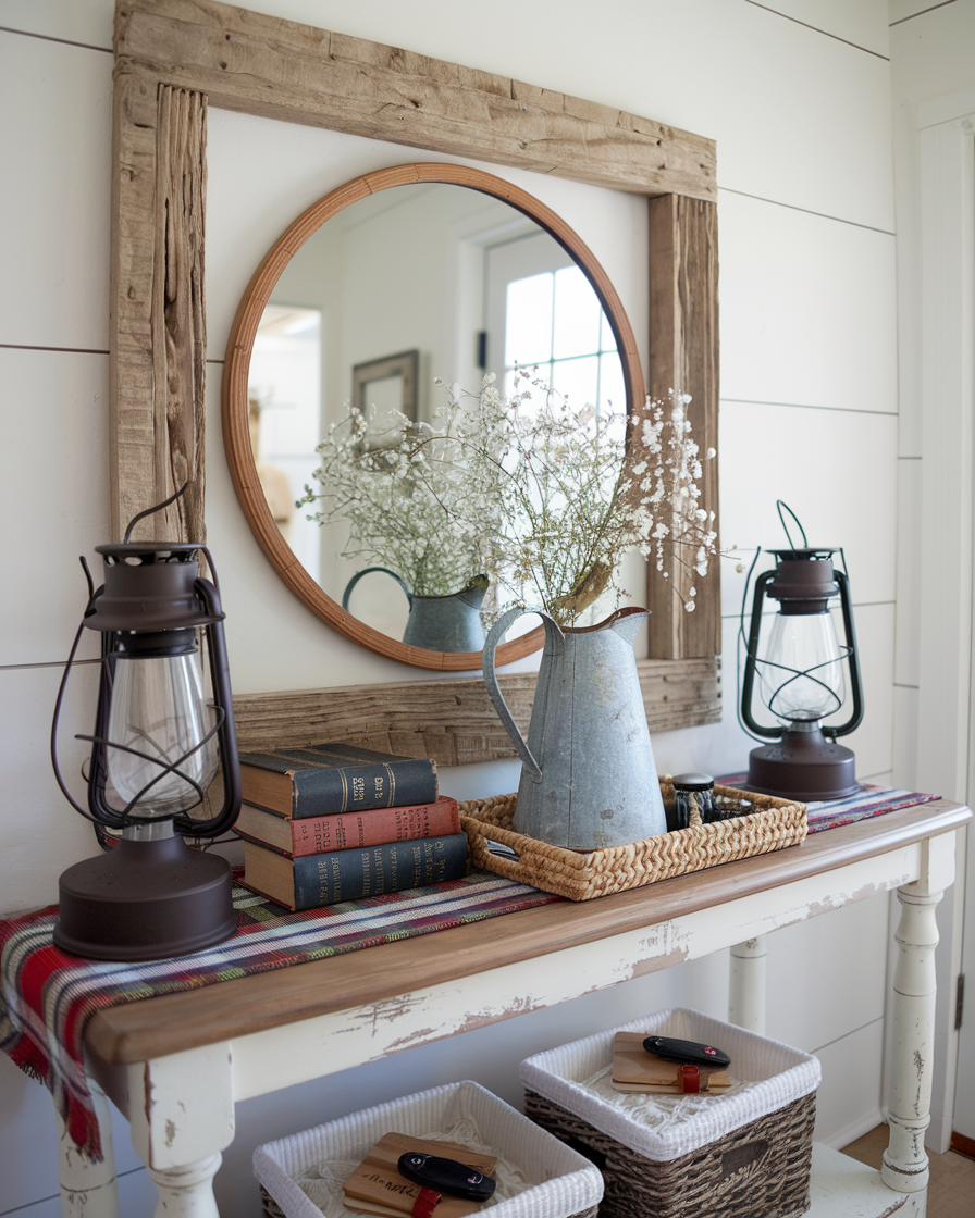 Entry table decor featuring a wooden table with books, a blue metal pitcher of white flowers, two lanterns, and a woven tray, all set before a round mirror with a rustic frame.