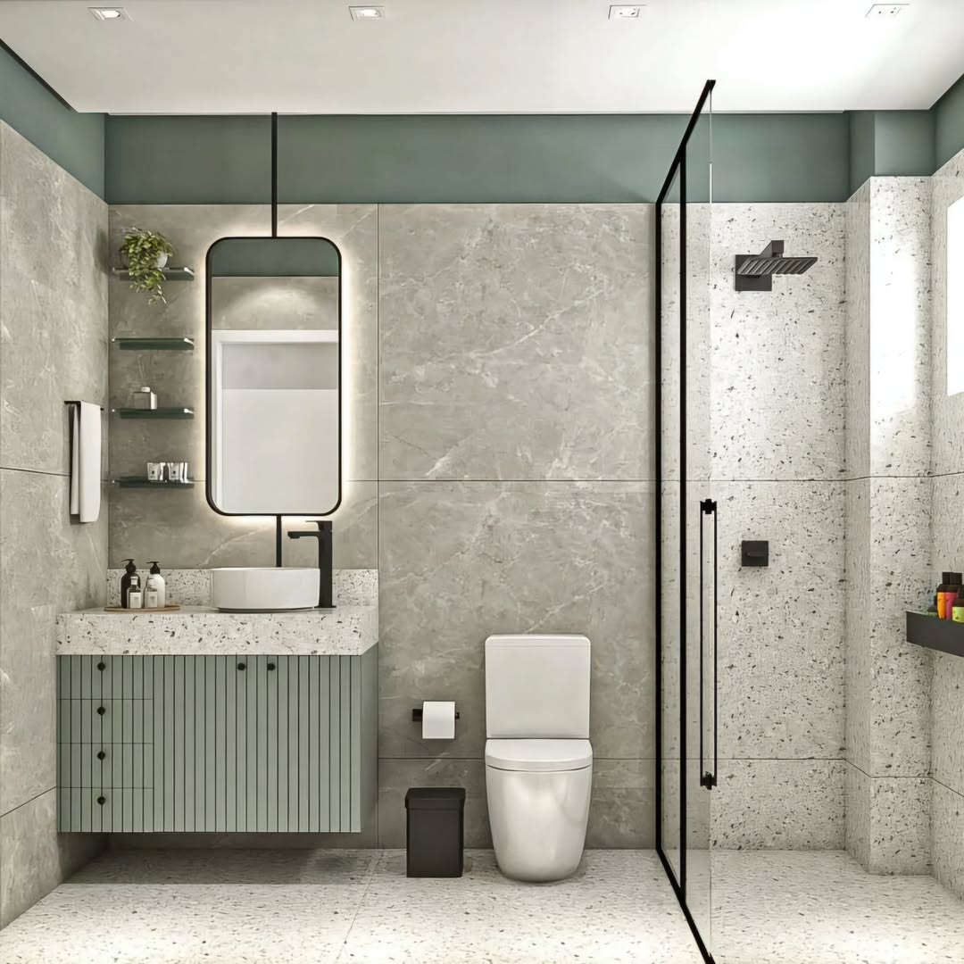 Sage Green Fluted Vanity and Terrazzo Bathroom with Rain Shower