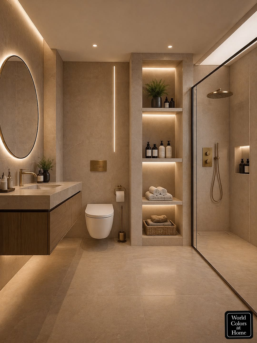 Sand Stone Bathroom with Lit Alcove Shelving Tower and Brushed Gold Shower