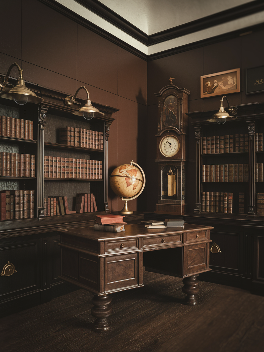 A vintage study room showcases classic home decor, featuring dark wood shelves filled with books. An antique globe sits on the wooden desk, capturing men