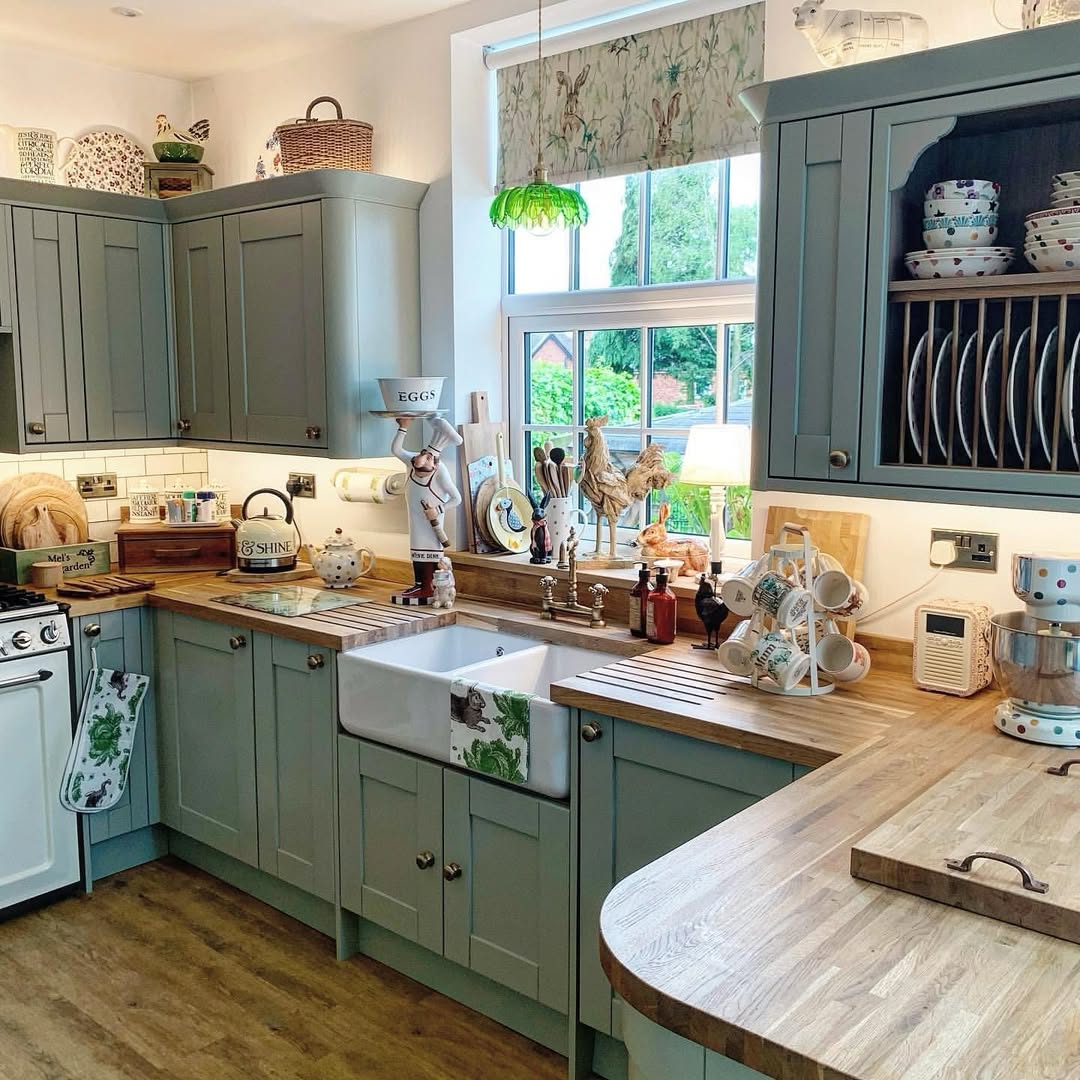A tidy farmhouse kitchen with sage green cabinets, wooden countertops, a farmhouse sink, and various dishes and utensils neatly arranged near a window—perfect for those seeking charming farmhouse decor and kitchen ideas.
