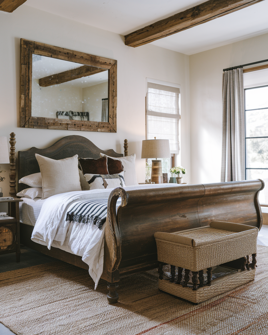 Rustic and vintage, this bedroom features a wooden sleigh bed adorned with white and brown pillows. A large mirror above the bed and two woven baskets at its foot add charm. Ideal for men, it also includes a lamp on a side table and curtains on the window, evoking western bedroom decor.