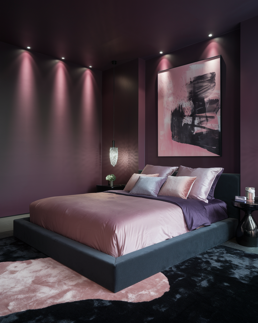 A modern dark feminine bedroom with a purple and pink color scheme, featuring a low bed with satin bedding, abstract wall art, pendant lighting, and a patterned rug.