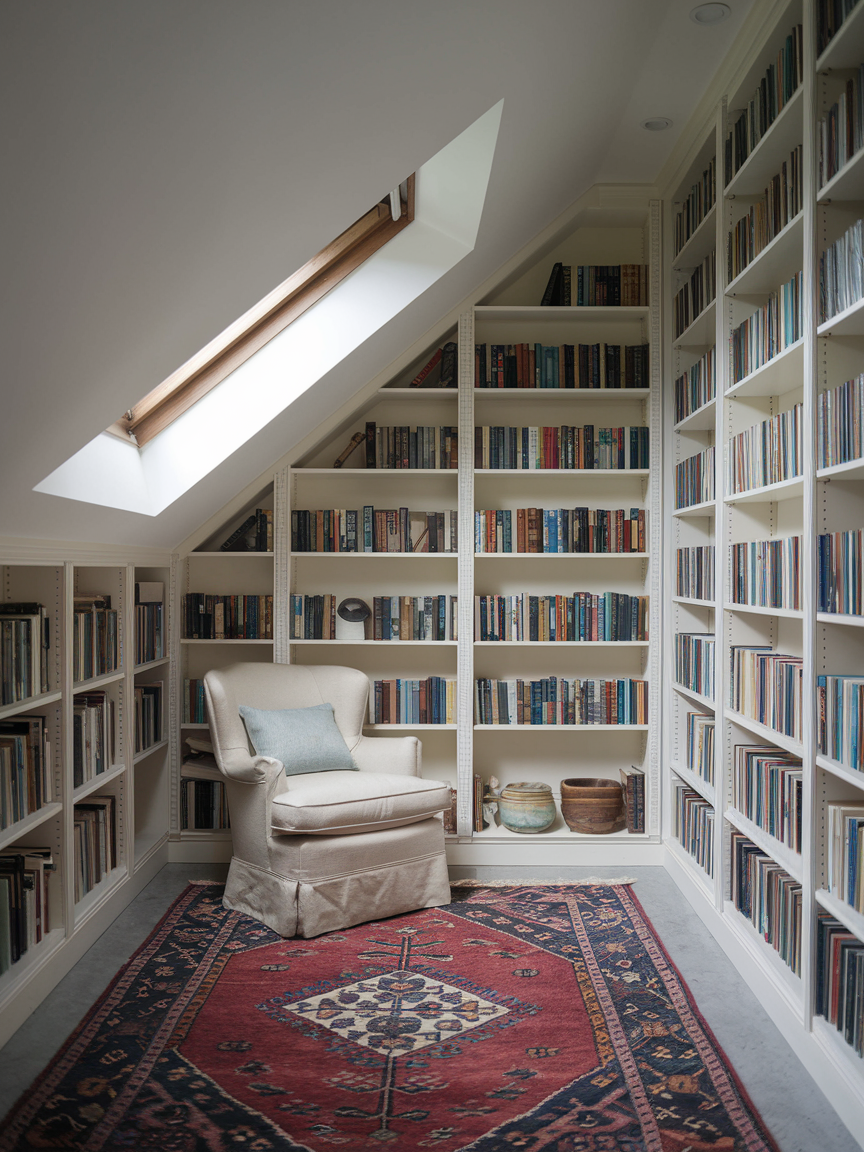 Cozy home library nook with an armchair, surrounded by bookshelves under a skylight—ideal for relaxing reading or seeking ideas. A patterned rug adds warmth to the floor.