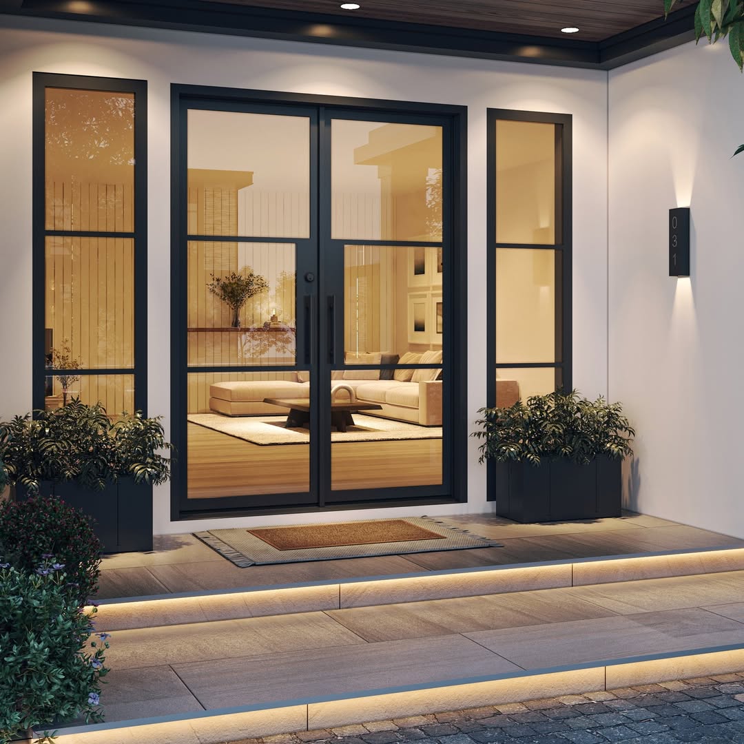 Modern glass double front door with black frames, flanked by tall windows, potted plants, and illuminated steps leading to a well-lit living room—perfect inspiration for stylish double door entryway ideas.