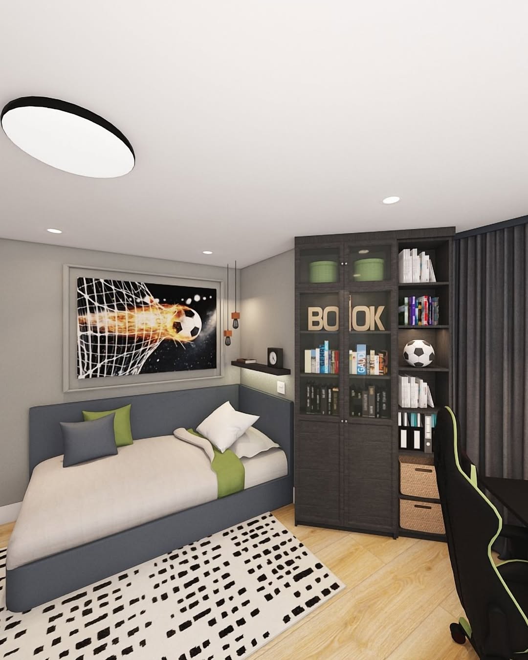 A modern teen boy bedroom featuring a single bed, black and white rug, bookshelf labeled