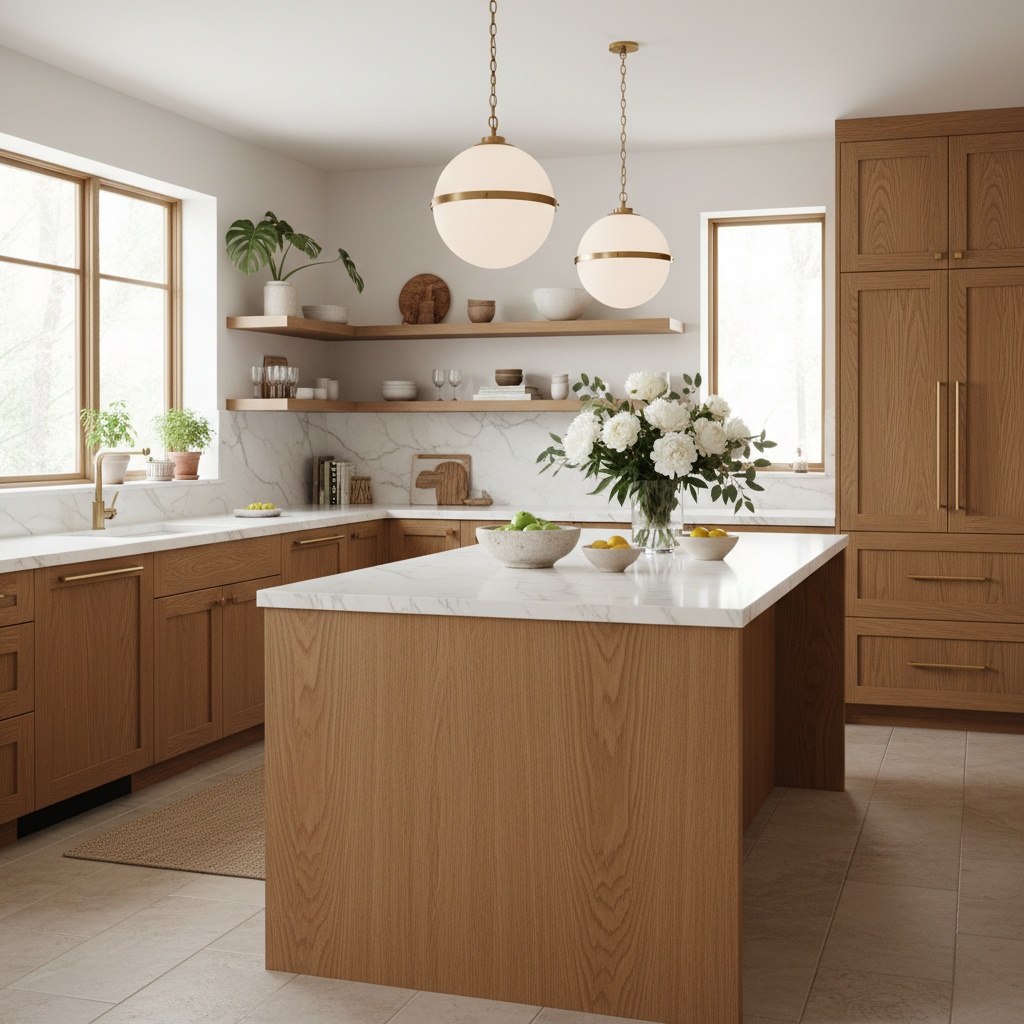 Modern oak kitchen with light wood cabinets, white marble countertops, two globe pendant lights, large island, and vase of white flowers. Natural light enters through two windows, showcasing timeless kitchen design.