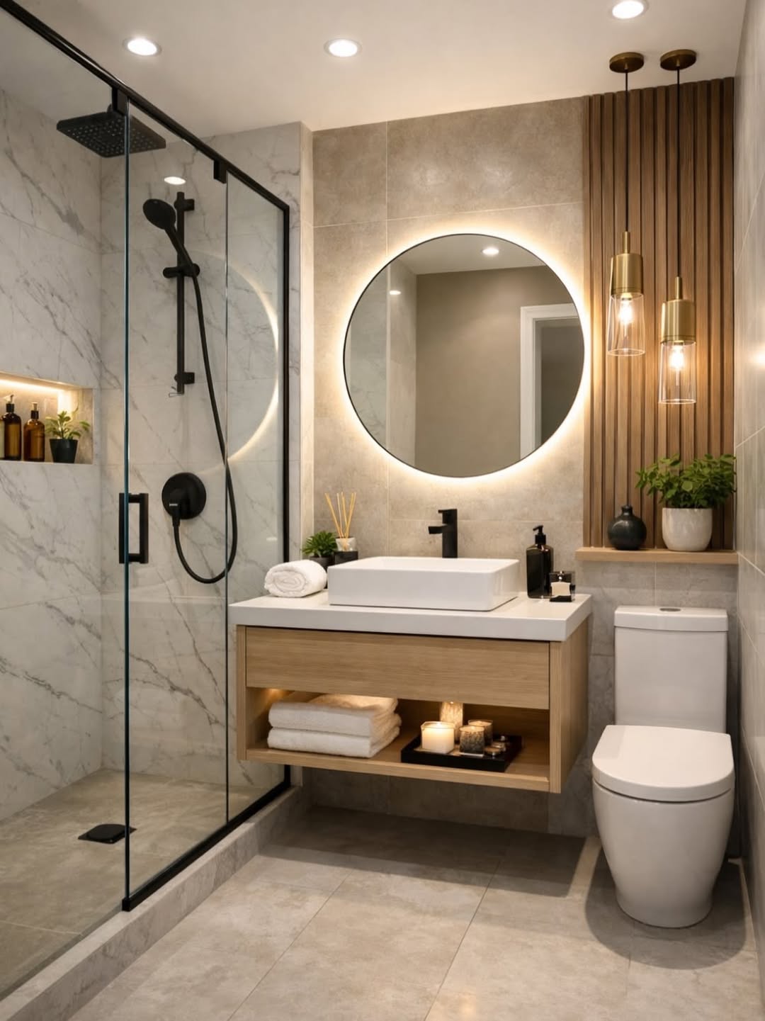 Spa-Style Bathroom with Wood Float Vanity and Backlit Mirror