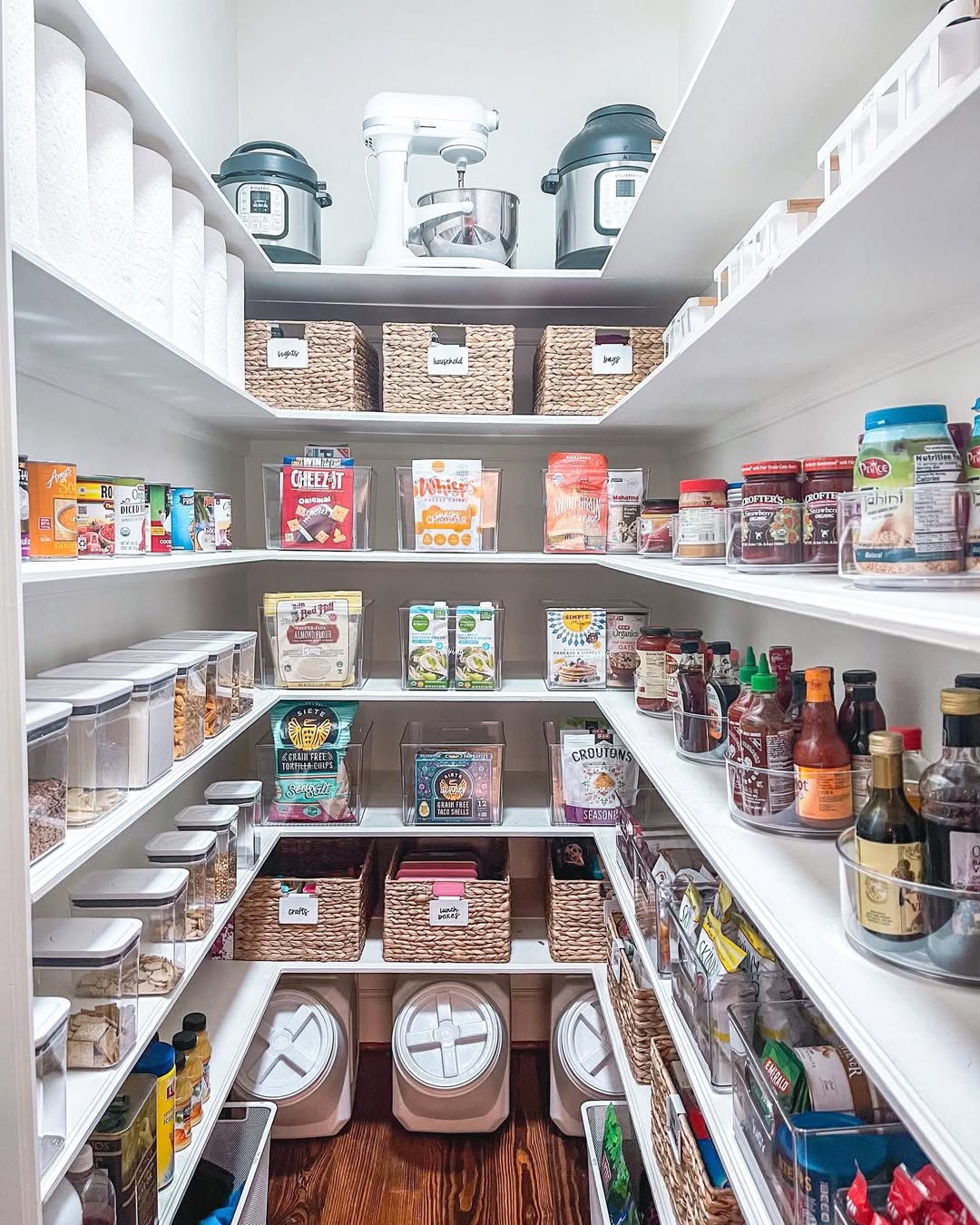 A neatly organized pantry with labeled baskets, clear containers of food, and kitchen appliances on the top shelf showcases thoughtful pantry organization with jars, cans, and bottles arranged on white shelves.