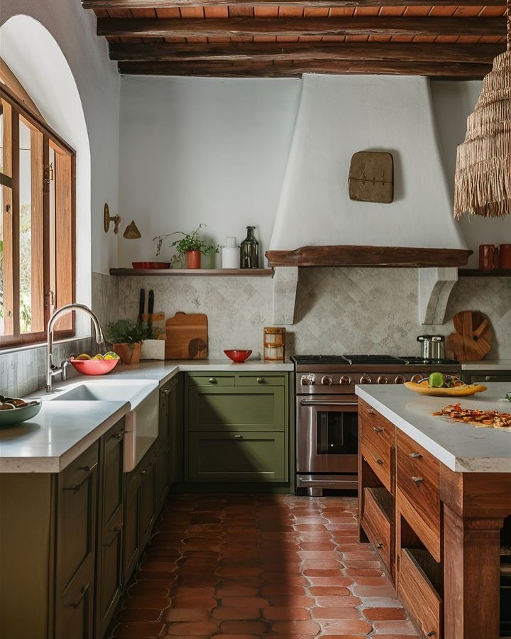 A rustic Mexican Hacienda Kitchen with bold green lower cabinets, wood accents, terracotta tile floor, a large range, and natural light from an arched window—perfect for those seeking unique kitchen design ideas.
