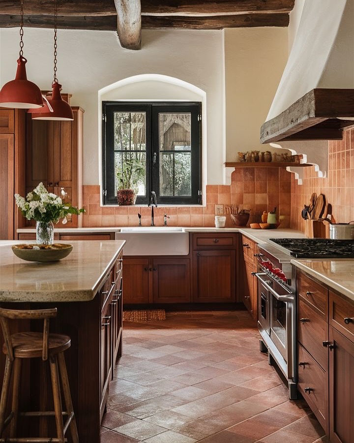 A rustic Mexican Hacienda kitchen with wood cabinets, terracotta tile floors and backsplash, a large white farmhouse sink, and an island with stools under red pendant lights—bold color brings warmth to this inviting space.