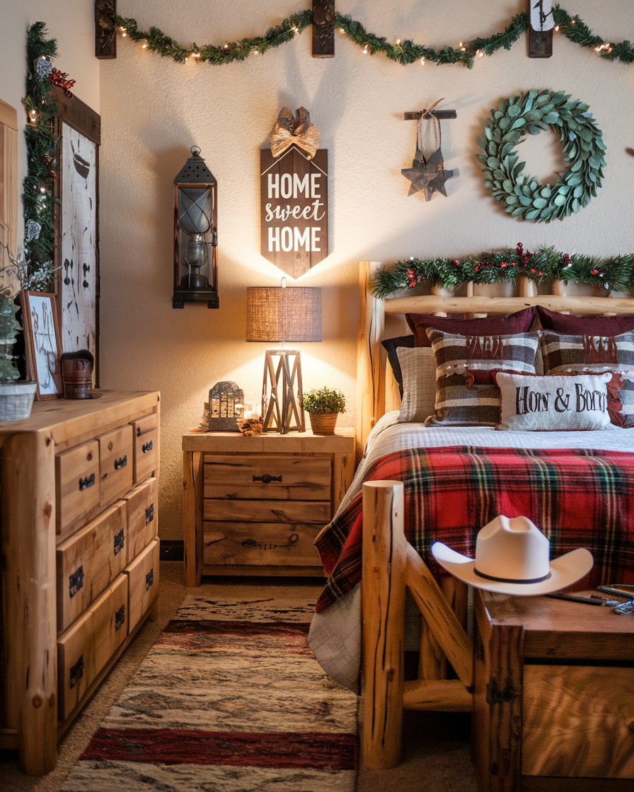 Rustic-themed bedroom with vintage western decor featuring wooden furniture, plaid bedding, and wall decor. A cowboy hat rests on a chest, and Christmas garland and lights adorn the walls. Perfect western decor for men seeking cozy bedroom decor ideas.