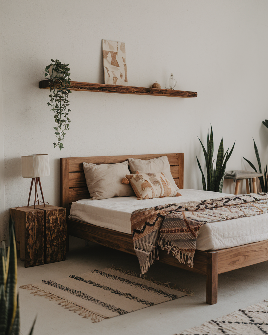Minimalist bedroom featuring a wooden bed, white bedding, and a brown throw blanket. Green plants add life, while vintage western decor on the wooden shelf introduces character. Neutral tones and natural textures offer perfect men