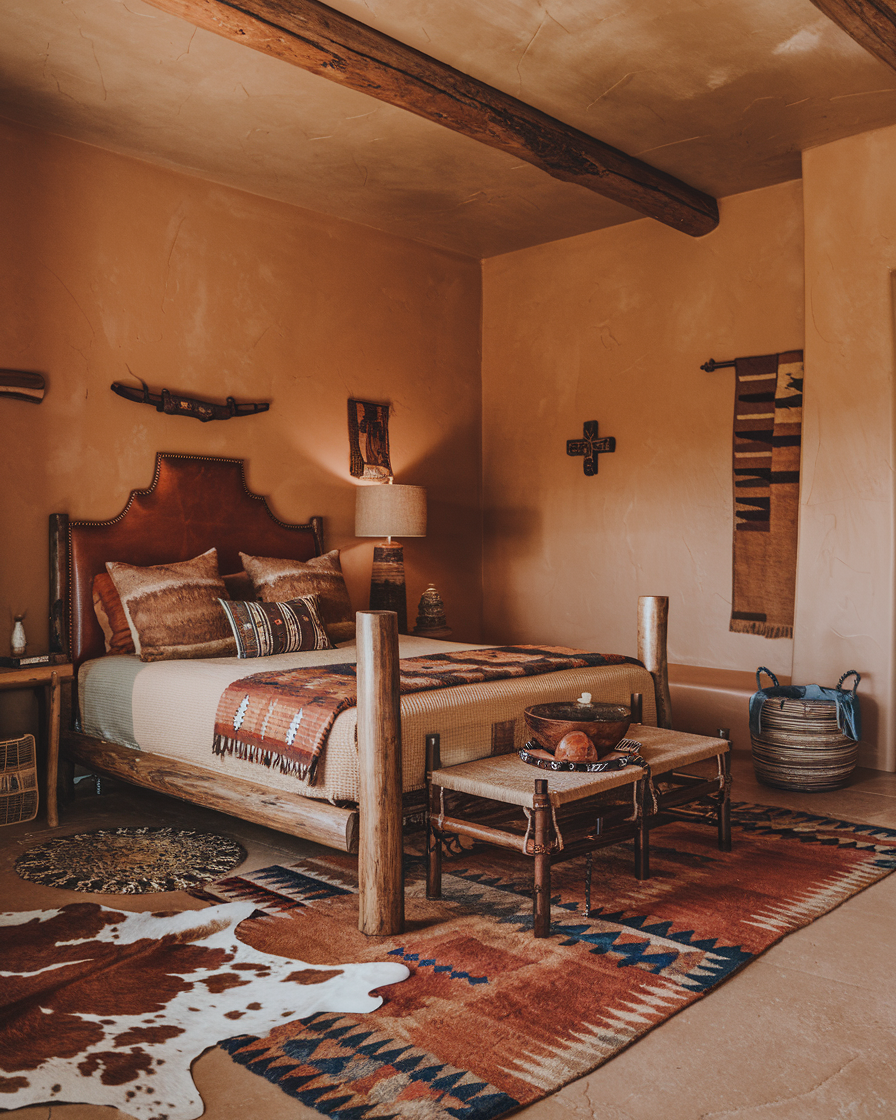 A rustic bedroom featuring a wooden bed and Southwestern-patterned textiles exudes charm. Vintage western bedroom decor is evident in the wall art, while a lamp, small table, rug, and woven basket complete the cozy scene.