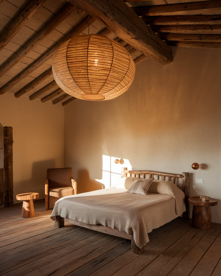 Rustic bedroom featuring vintage western decor with a wooden ceiling, bed, and furniture. A large woven pendant light hangs above the bed as sunlight streams through the window, casting shadows on the beige walls and wooden floor, inspiring timeless bedroom decor ideas.